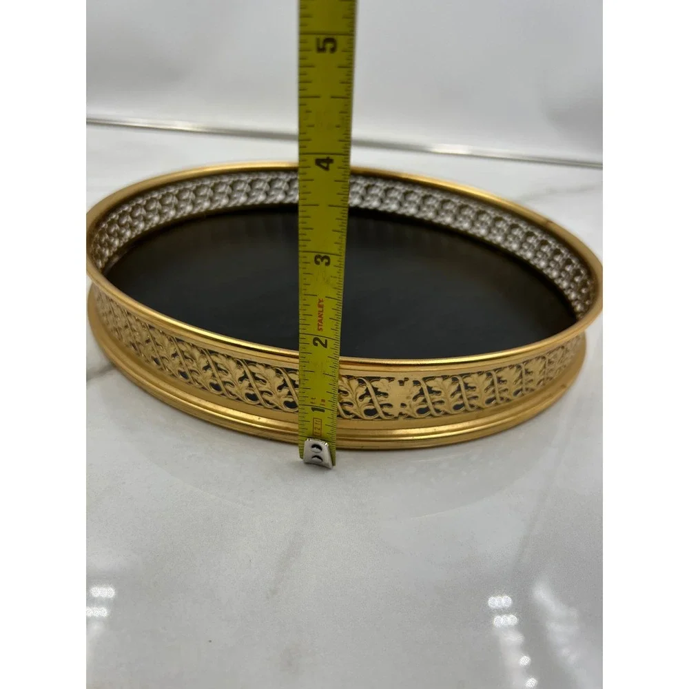 Vintage Gold Ornate Filigree Round Vanity Tray Black Base Hollywood Regency 10in